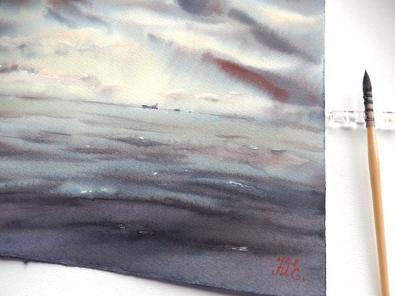 Watercolor seascape, Sky and ocean, Atmospheric painting