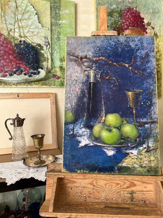Green Apple Blue Still Life