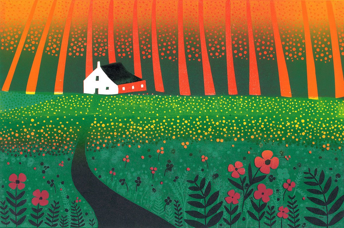 Graphic Landscape Linocut By Layla Khani (Aka Laylart), 11 X 13", 