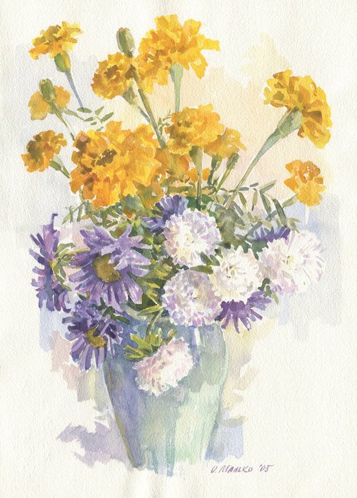 Yellow blue bouquet. Marigolds and asters / ORIGINAL watercolor 11x15in (28x38cm) by Olha Malko