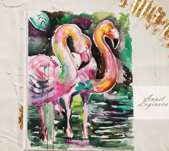 Flamingo Art, watercolor painting