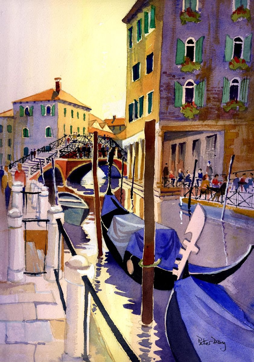 Impressionistic Landscape Watercolour By Peter Day, 13 X 19", 3 Bridges, Venice, Italy, Original Artwork