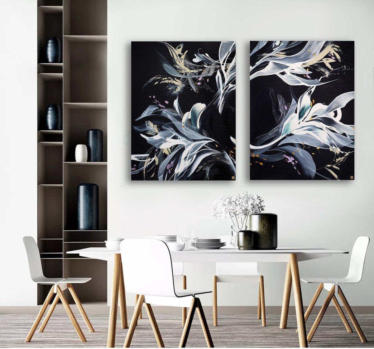 Abstract Acrylic Painting By Novi Lim, 62 X 40", Shadows In Bloom Diptych, Original Artwork