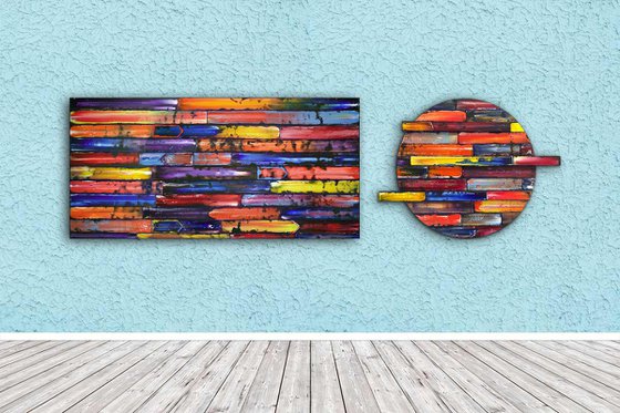 "Inseparable" - Save As A Series - Original PMS Sculptural Oil Painting Assemblage Diptych On Circular Wooden Panels - 79 x 24 inches