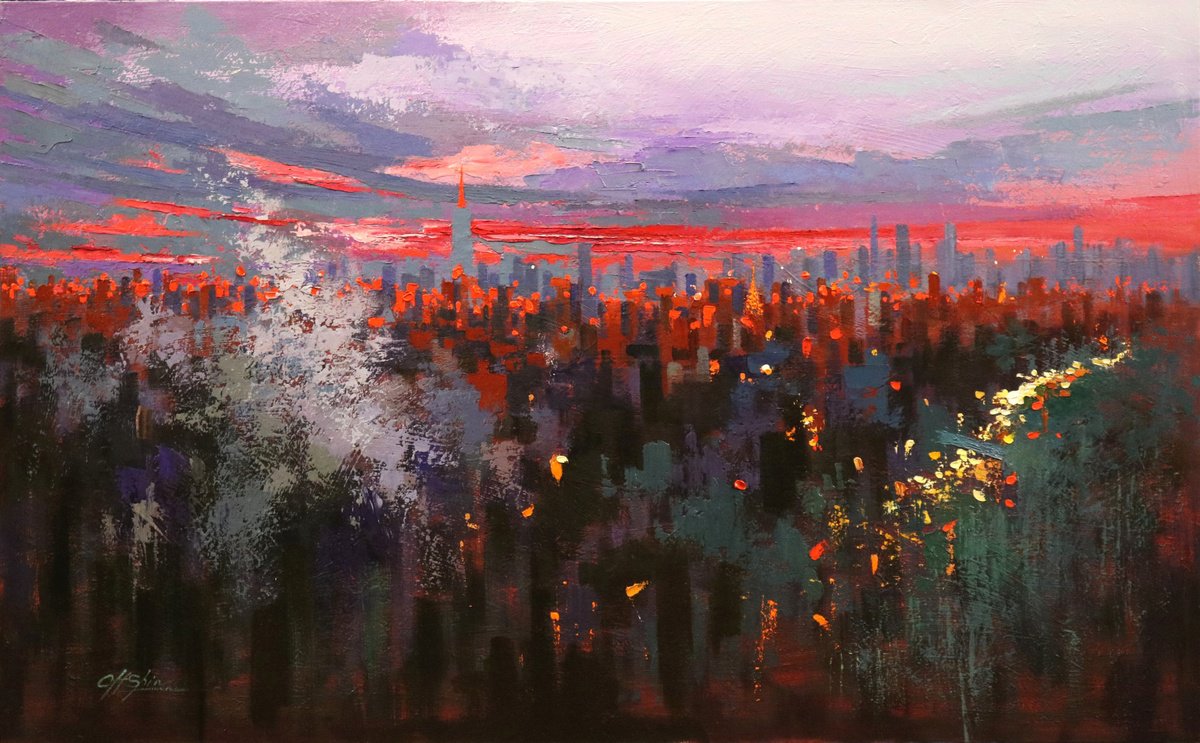 Expressive Cityscapes Oil Painting By Chin H Shin, 48 X 30, When Evening Arrives, Original Artwork