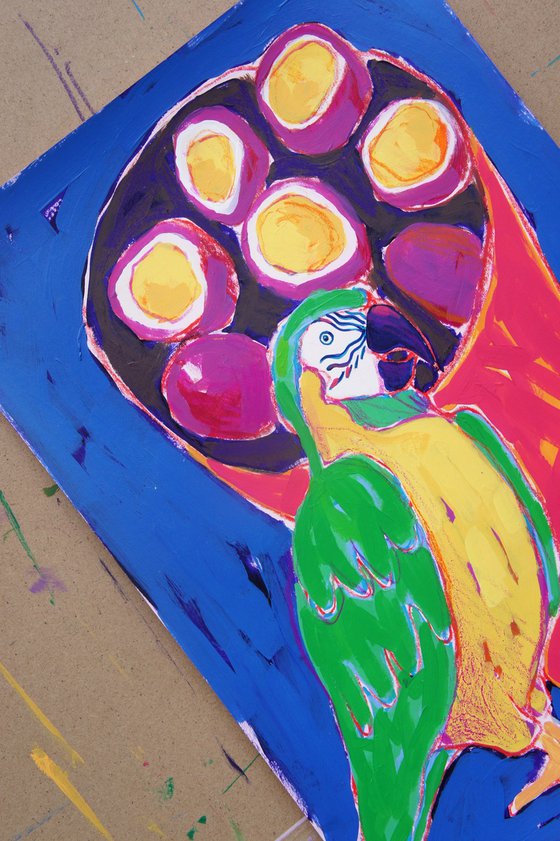 Parrot and passion fruits
