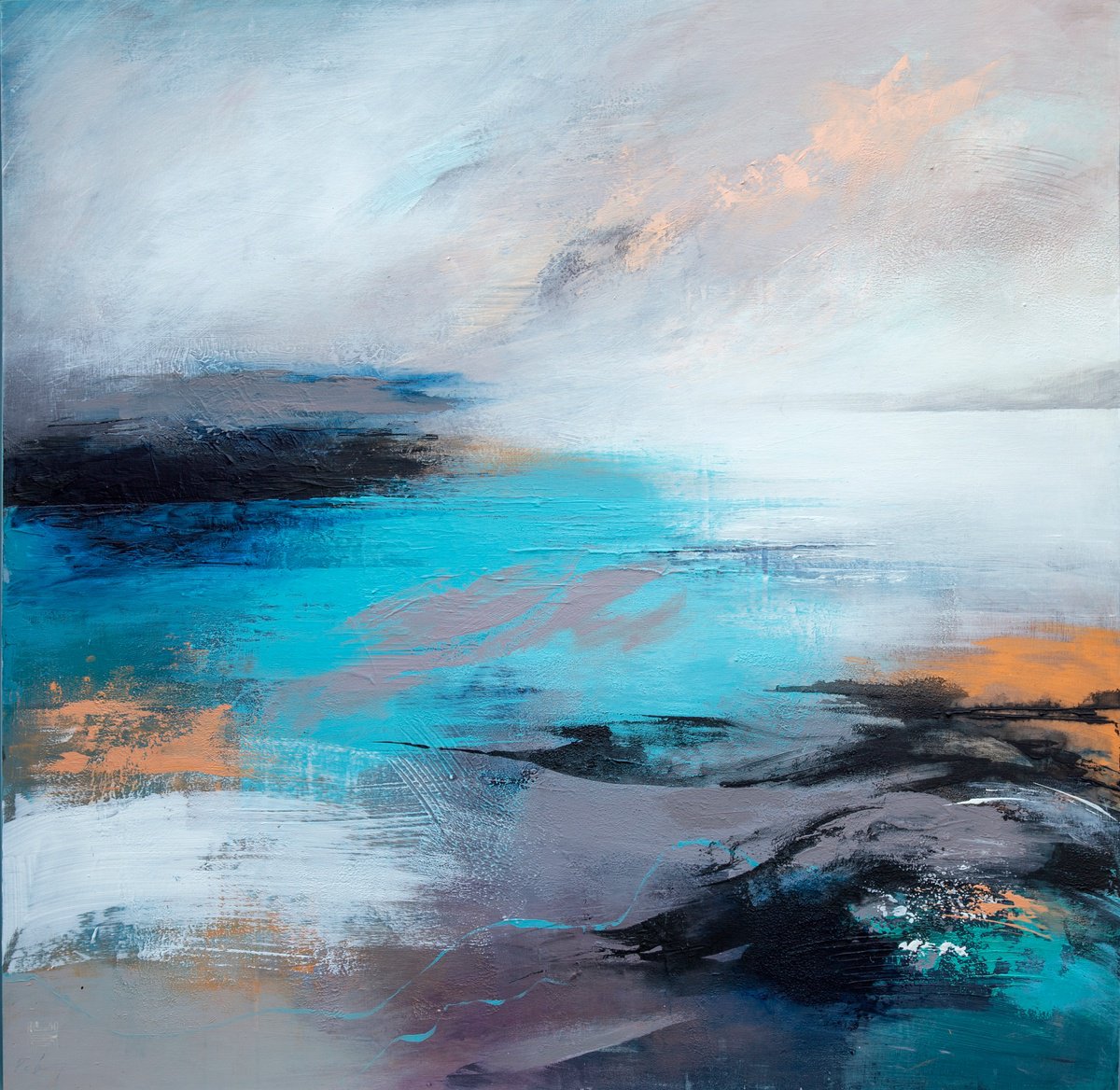 Organic Landscape Acrylic Painting By Paul Hillary, 32 X 32", Teal Sound. Orange Catchlight, Original Artwork