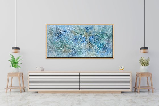 SUMMER FOREWER. Abstract Blue, Gray, Aqua, Navy, Turquoise Textured Coastal Painting