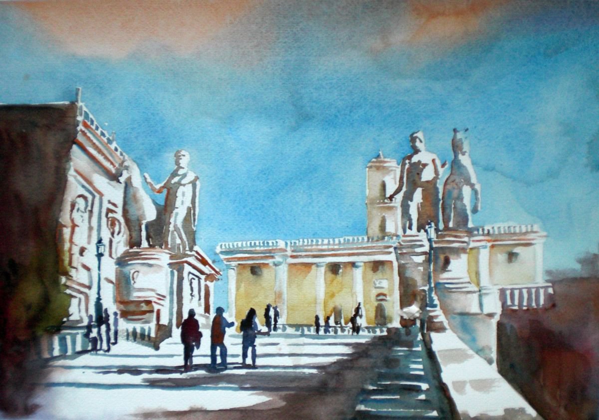 Expressive Cityscapes Watercolour By Giorgio Gosti, 16 X 12, Campidoglio - Rome, Original Artwork
