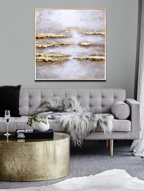 Above the Clouds - Gold White Abstract Painting 32" Sky Abstract, Large Canvas, Gold Leaf, Minimalist Painting