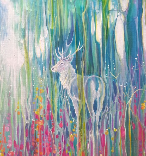 Spirit of May - an art nouveau contemporary landscape painting of a white spectral deer in a wildflower meadow