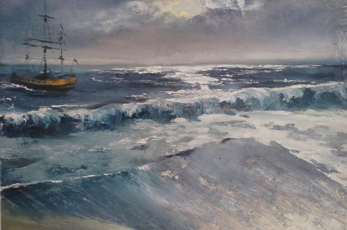 Impressionistic Landscape Oil Painting By Yuliia Kyrsanova, 28 X 20", Sea Horizon, Original Artwork