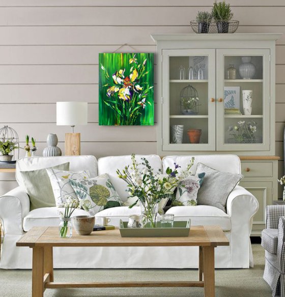 ROYAL IRIS - White irises. Bright green background. Summer flowers. Abstract bouquet. Gentle. Fresh. Wonderful.