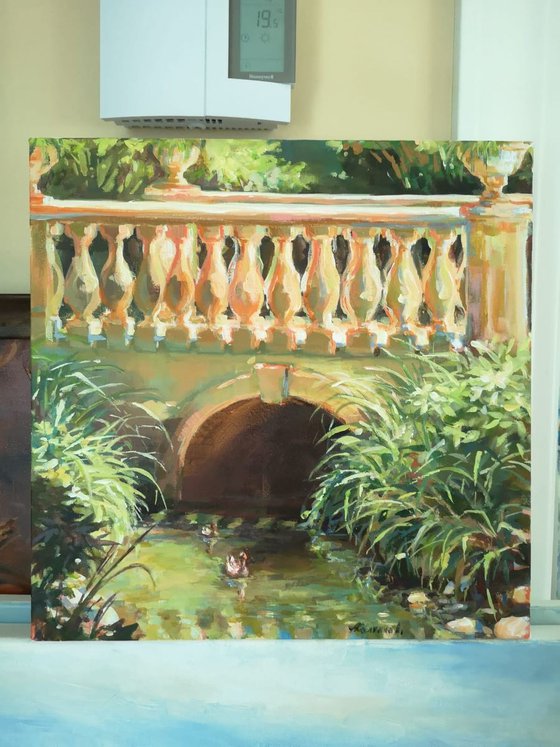 Sunny bridge - Bridges series #3, original, one of a kind acrylic on gallery-wrapped canvas impressionistic style urban landscape