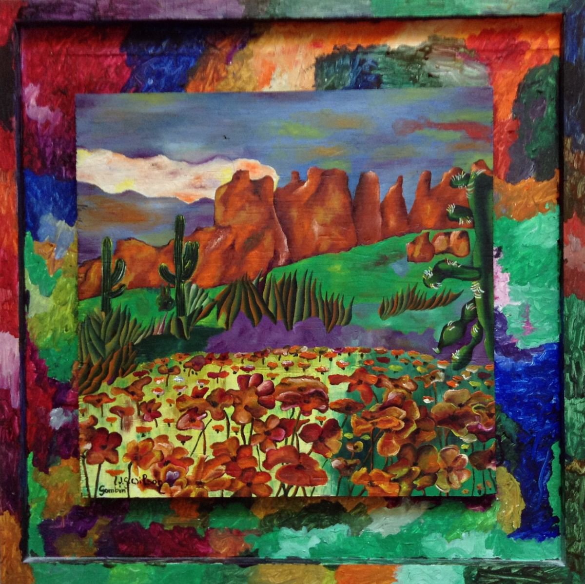 Landscape Oil Painting By Jg Wilson, 20 X 20, Flowers In Sedona, Original Artwork