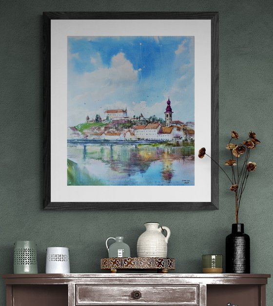 Ptuj castle, Slovenia city original watercolor hand-painted, Drava river lake bridge, Mediterranean Europe Impressionistic, Old town artwork