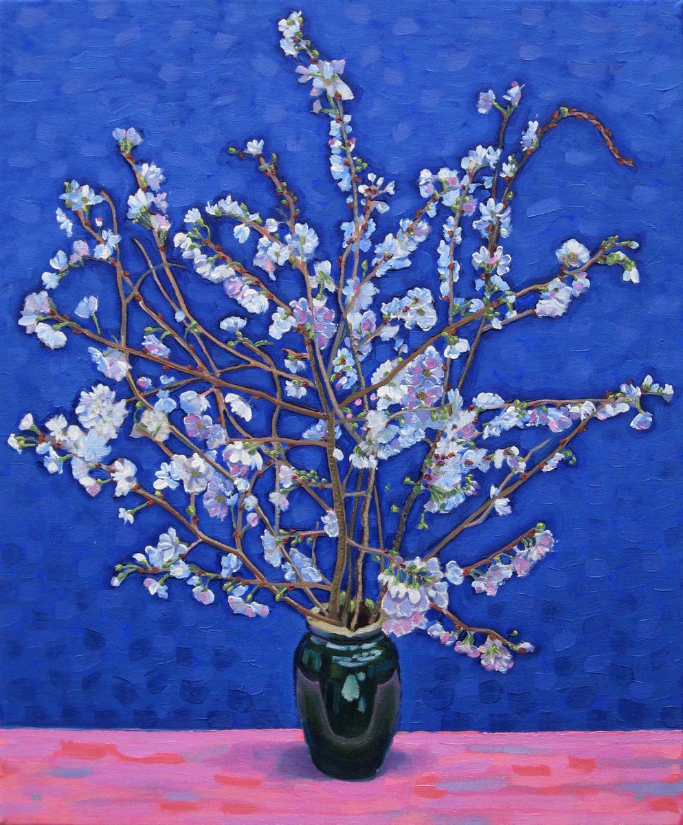 Winter Flowering Cherry in a Green Vase by Richard Gibson