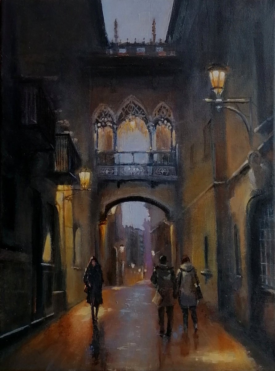 Impressionistic Cityscapes Acrylic Painting By Alan Harris, 12 X 16, Gothic Quarter Barcelona, Original Artwork