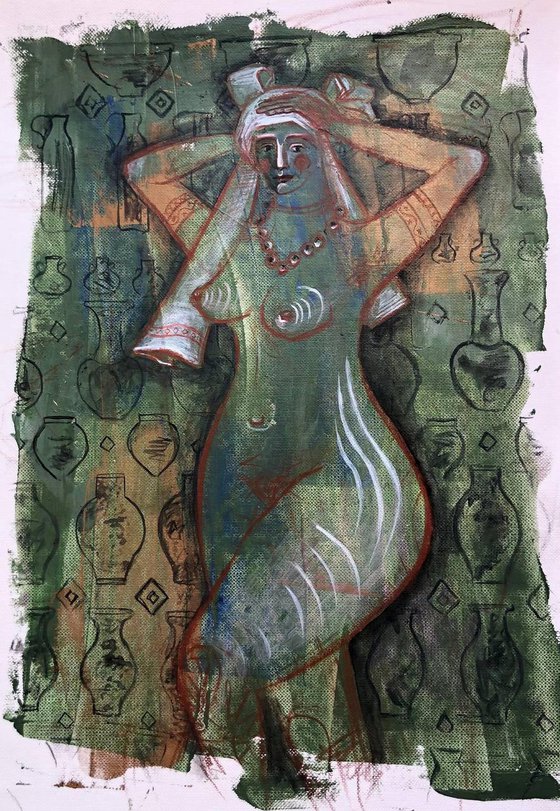 “WOMAN-AMPHORA” NUDE PAINTING and “GODDESS OF WATER” SMALL GREEN PAINTING