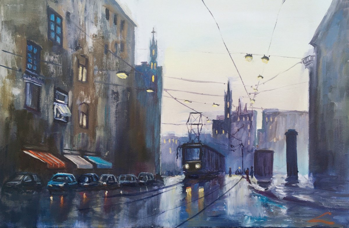 Cityscape With A Tram By Elena Sokolova, 24 X 16, Artwork For Sale On Artfinder
