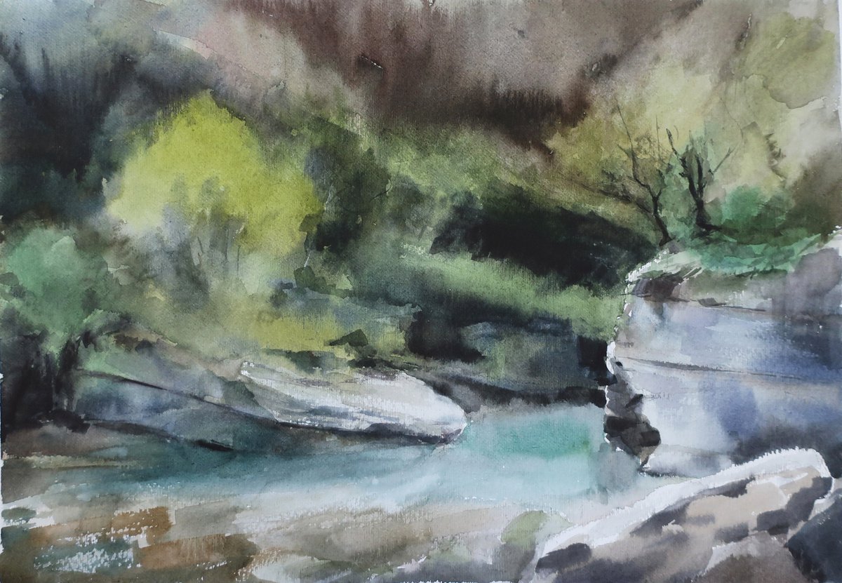 Watercolor painting Landscape Mountain River by Anna Shchapova