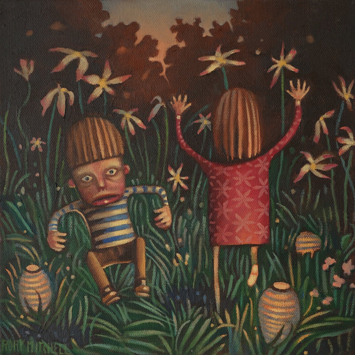 Naive Portrait Oil Painting By Rory Mitchell, 10 X 10", Wild Things (Study), Original Artwork