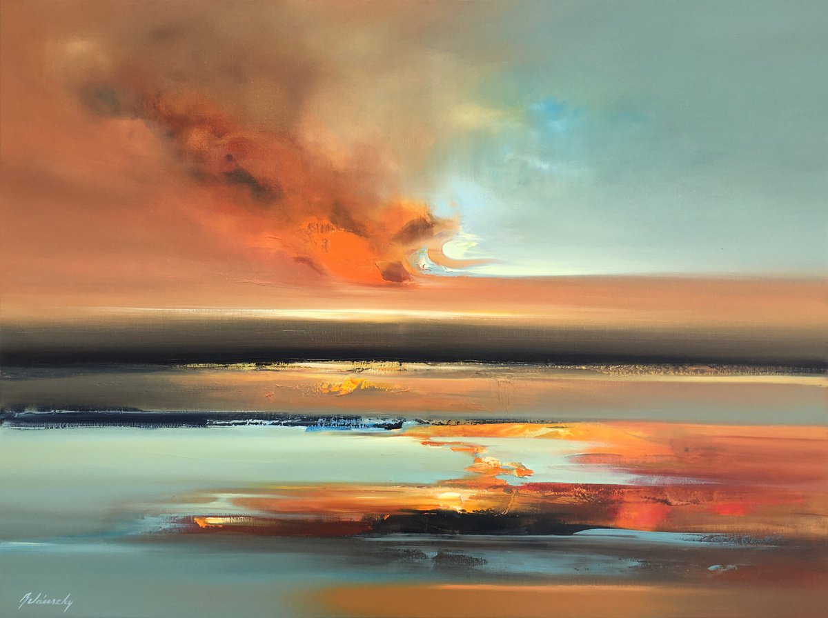 A Dream in a Dream II. - 90 x 120 cm abstract landscape oil painting in earth tone colours by Beata Belanszky Demko