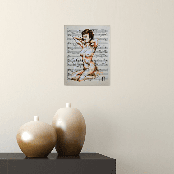 Nude 2 - Sitting Beauty - Collage Art on Vintage Music Sheet Page