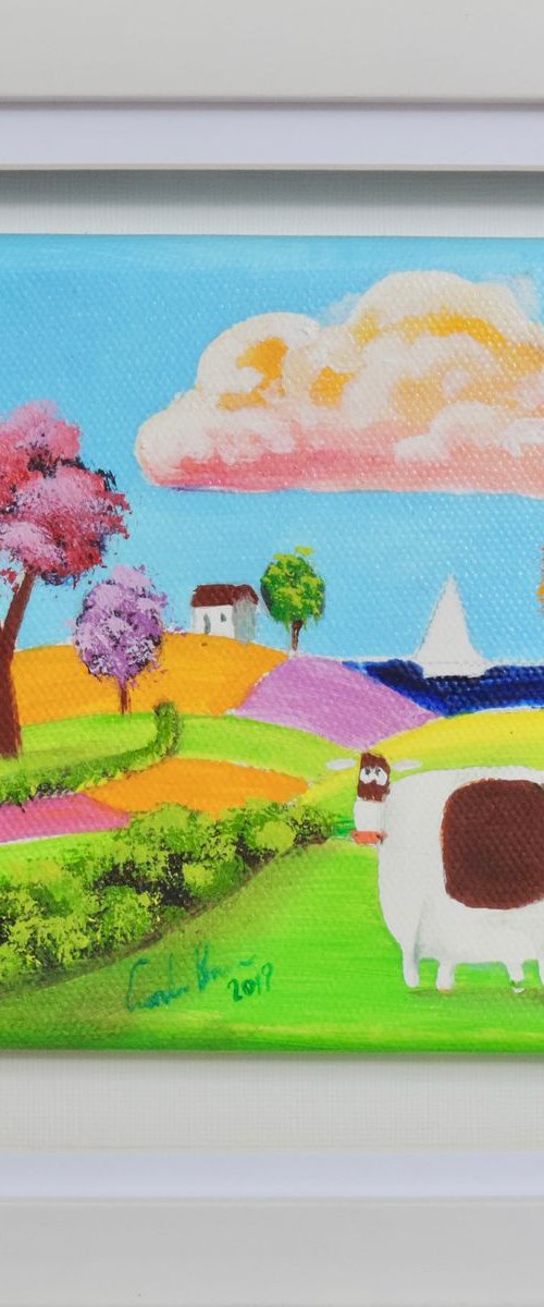 small folk art house and cow canvas painting by Gordon Bruce