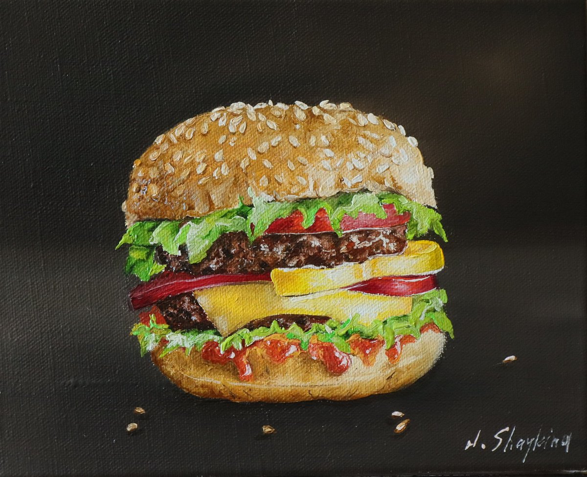 Impressionistic Still Life Oil Painting By Natalia Shaykina, 10 X 8", Burger, Original Artwork
