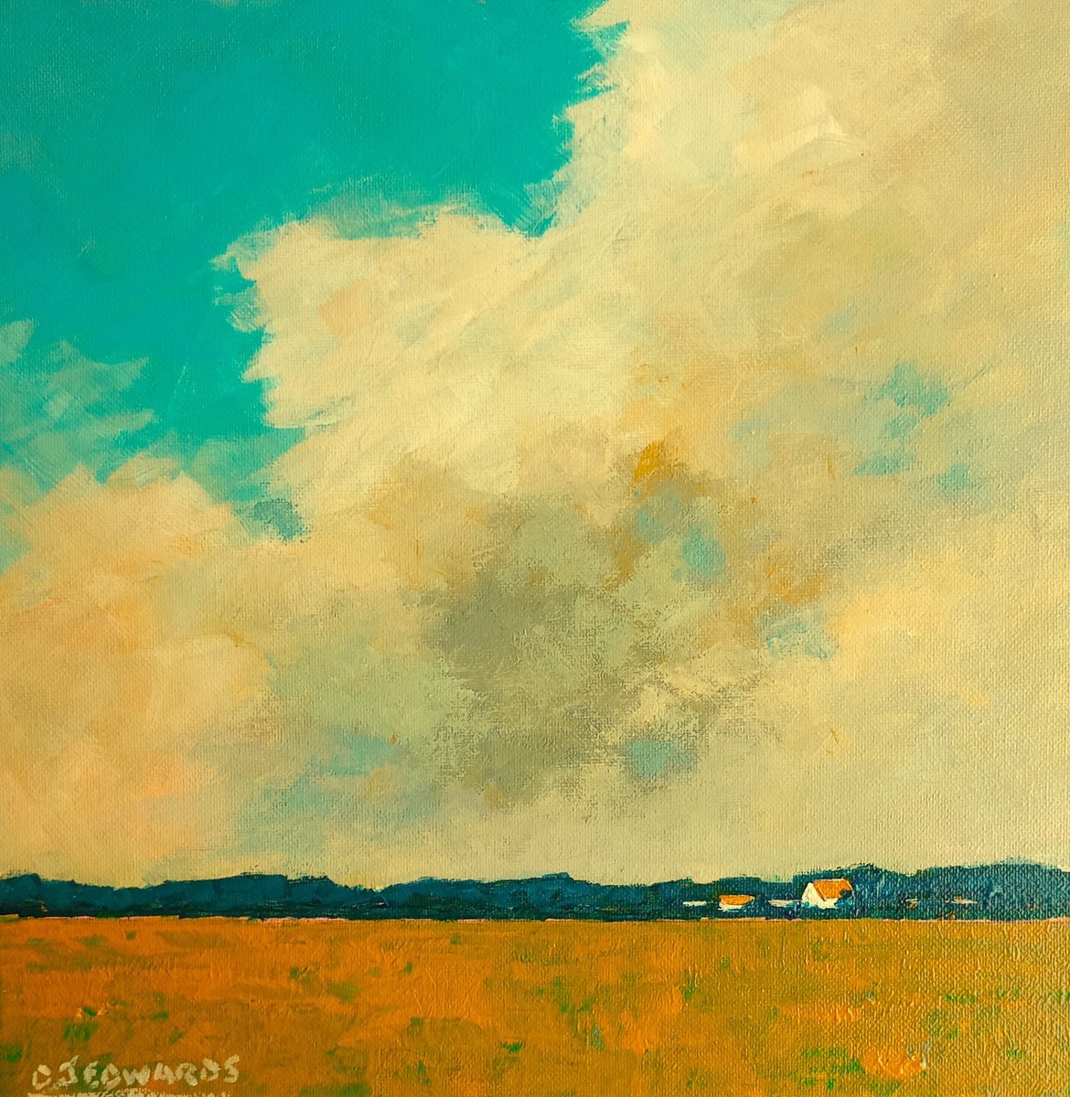 Impressionistic Landscape Acrylic Painting By David J Edwards, 12 X 12, Storm Clouds, Old Farm, Original Artwork