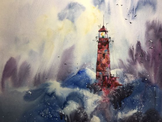 SOLD Watercolor "Sea storm. Red lighthouse”