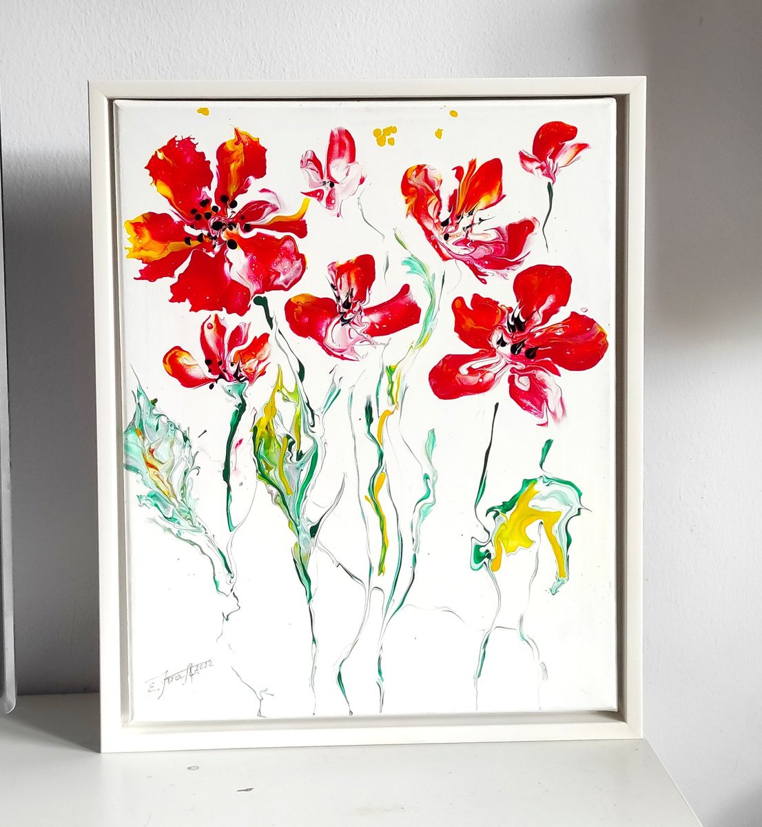 Expressive Botanical Acrylic Painting By Elena Kraft, 17 X 21, Spring Fantasy .Poppies, Original Artwork