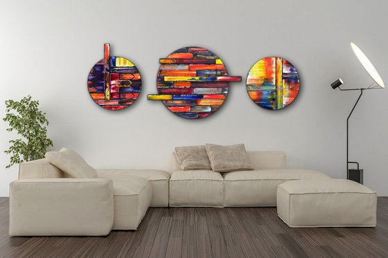 "Can We Tag Along?" - Save As A Series - Original PMS Sculptural Oil Painting Assemblage Triptych On Circular Wooden Panels - 68 x 25 inches