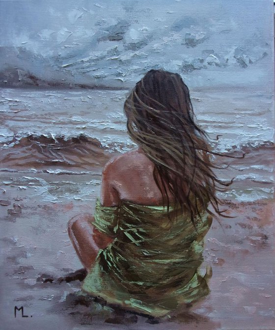 " MAGIC WAVES ... "- SKY SEA SAND liGHt  ORIGINAL OIL PAINTING, GIFT, PALETTE KNIFE