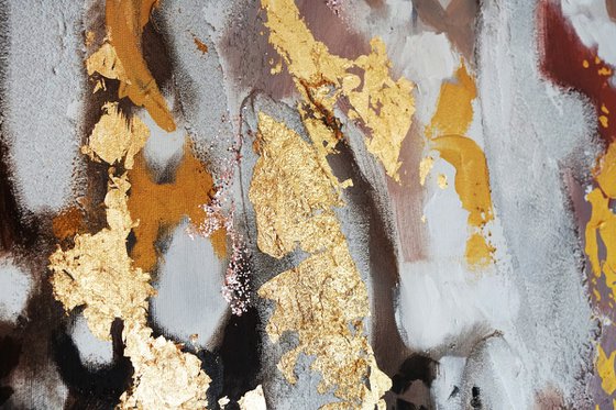 Large abstract framed painting on canvas, gold leaf artwork with texture.