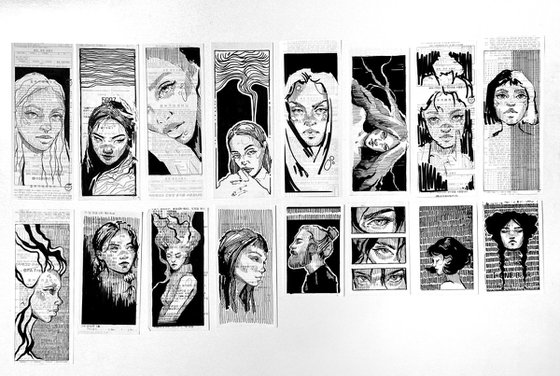 SKETCHES ON SHOP RECEIPTS. WOMAN PORTRAITS. SET OF 16
