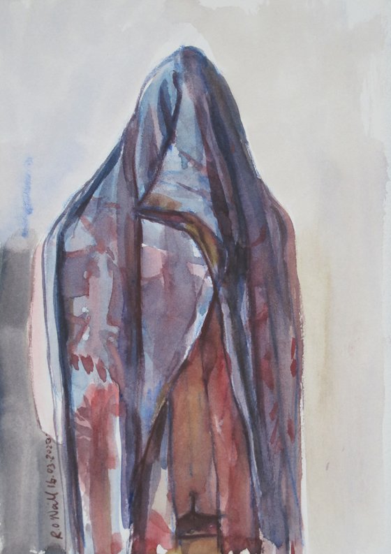 Draped female nude back view