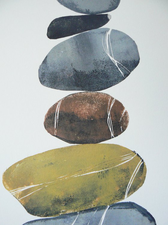 Zen stones - Twelve stones #2  (banded balancing stones lino/monoprint)