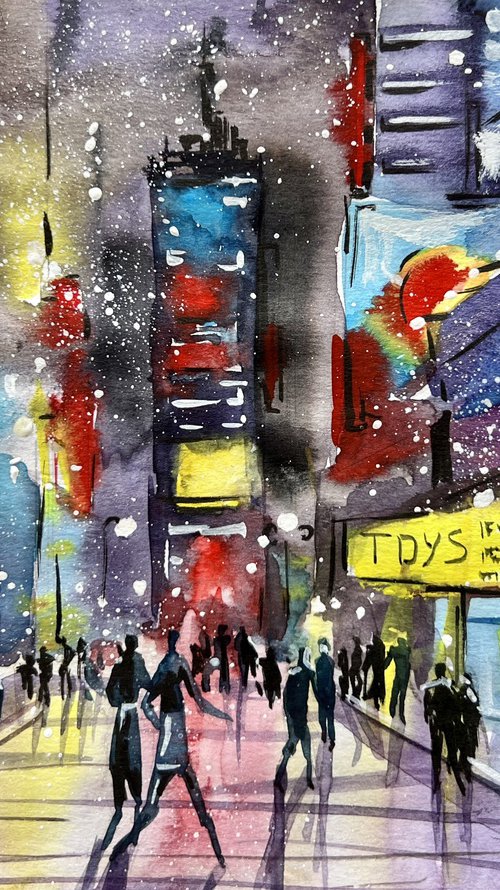 Watercolor sketch, night city lights. Original artwork. by Evgeniya Mokeeva