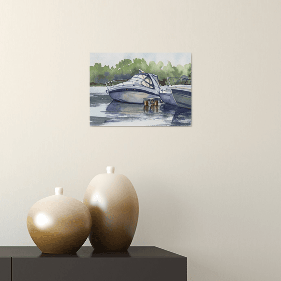 Ukrainian watercolour. Boats on the Dnipro River