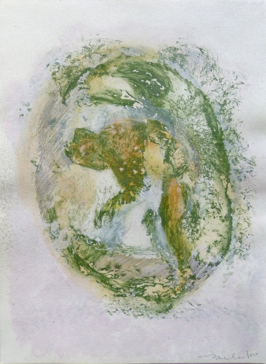 Expressive Portrait Drawing By Frederic Belaubre, 8 X 11, Green Mood 36, Acrylic, Original Artwork