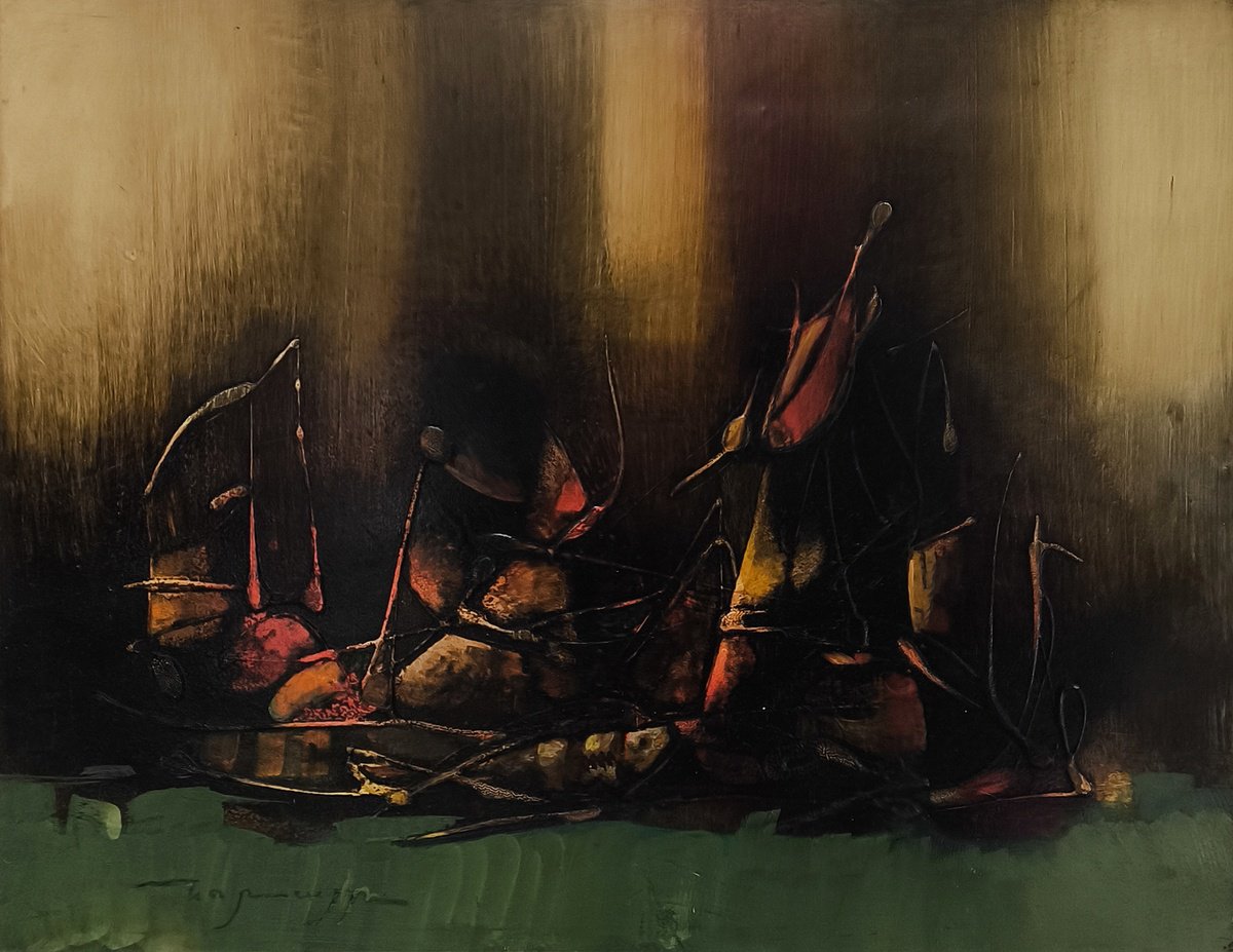 Abstract Oil Painting By Norayr Gevorgyan, 18 X 14", Muted Composition, Original Artwork