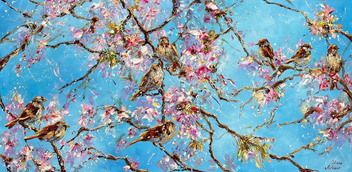 Sparrows in the Blooming Tree by Diana Malivani