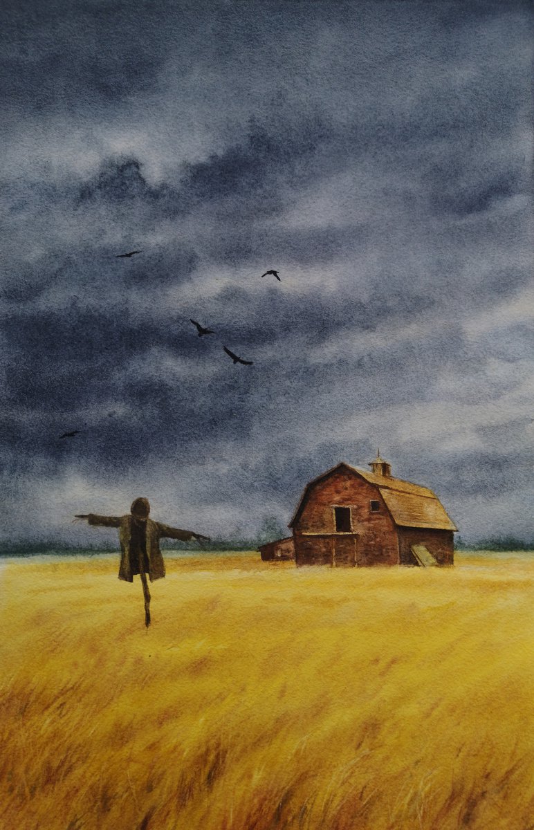 Farm scene with scarecrow and old barn - farm house - thunder sky by Olga Beliaeva Watercolour