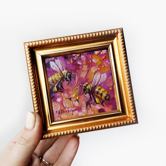 Bee artwork couple anniversary gifts miniature art painting original, Bee painting 3x3 small framed gift for girlfriend