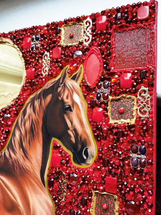 Ginger brown horse. Red coral artwork