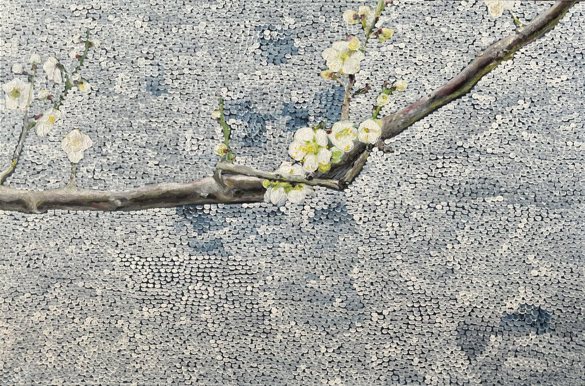 Impressionistic Botanical Acrylic Painting By Sun-Hee Jung, 35 X 24", Cherry Blossom, Original Artwork