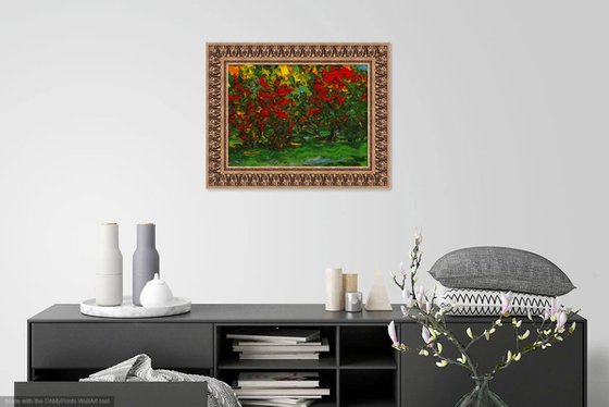 AUTUMN - original oil painting, green red coloured pond leaves, small size