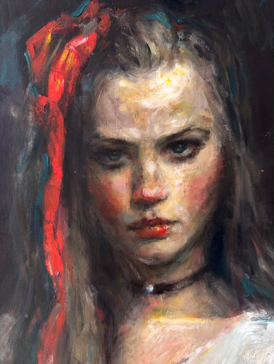 Girl with a red bow. After.